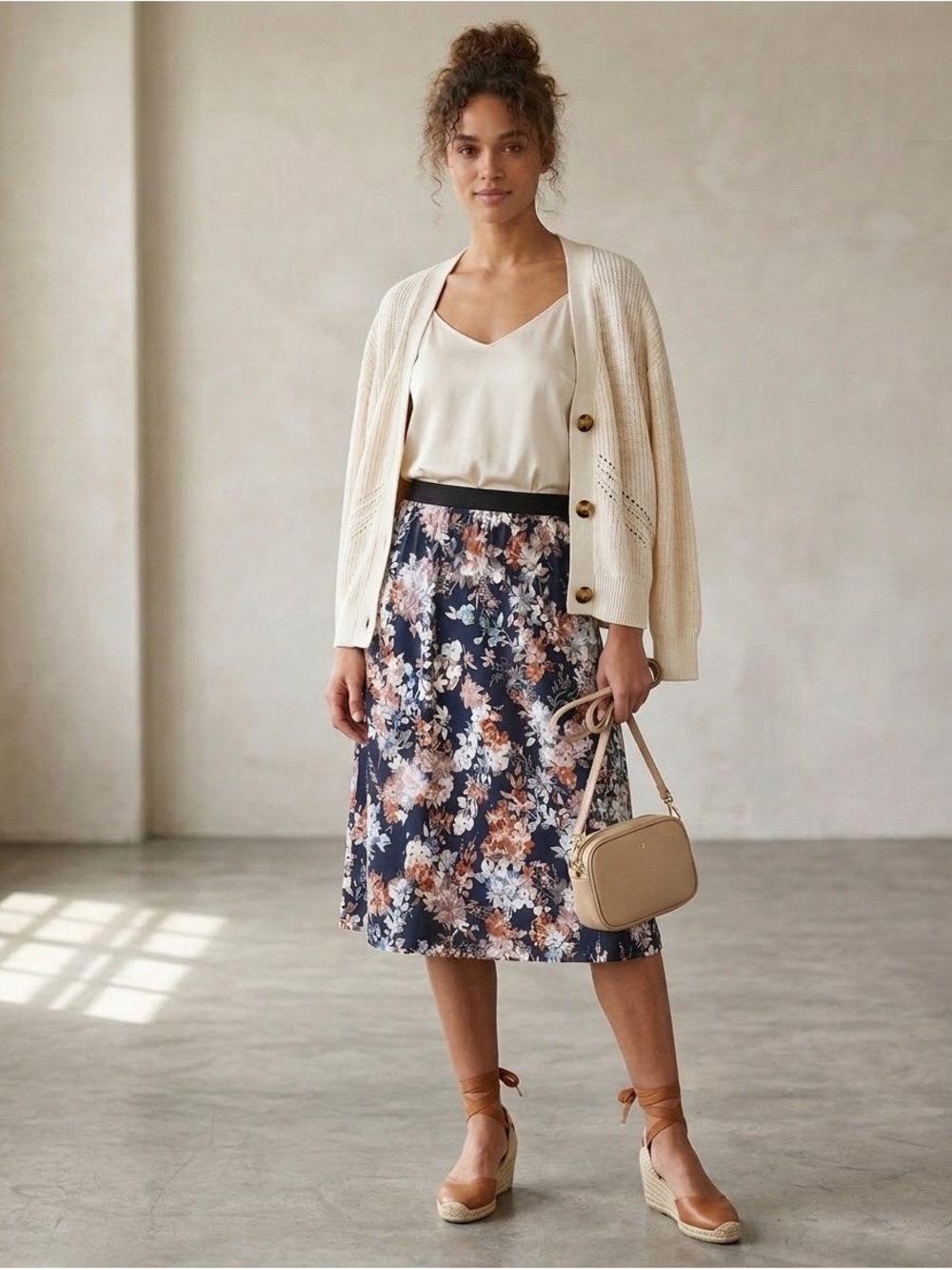 Grace Navy Floral Midi Skirt with Blush Accents